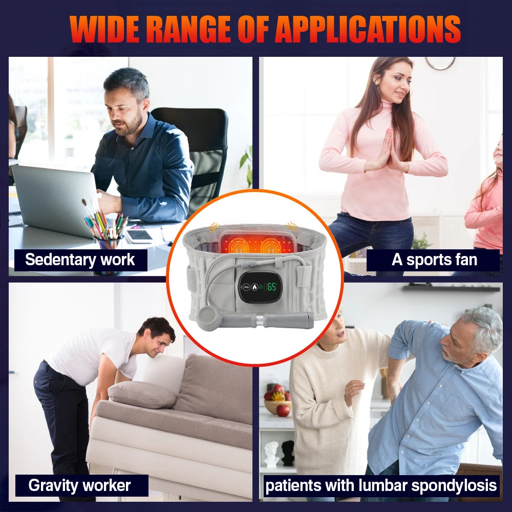 Gray LED Inflatable Waist Belt Lumbar Traction Device USB Plug 3 Levels Heating Muscle Relax Rechargeable Battery Portable Belt